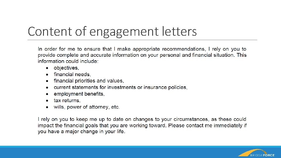 Content of engagement letters 