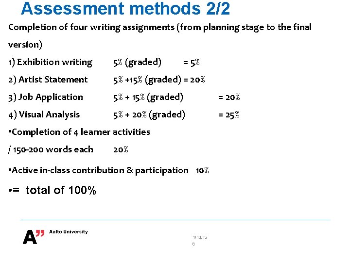 Assessment methods 2/2 Completion of four writing assignments (from planning stage to the final