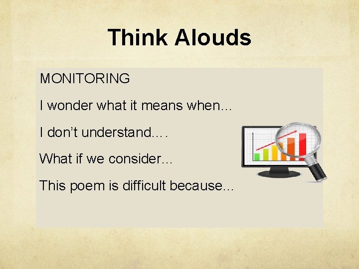 Think Alouds MONITORING I wonder what it means when… I don’t understand…. What if