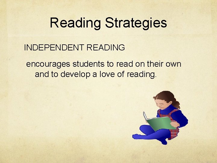 Reading Strategies INDEPENDENT READING encourages students to read on their own and to develop