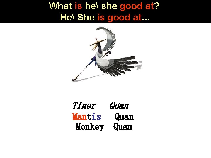 What is he she good at? He She is good at… Tiger Quan Mantis