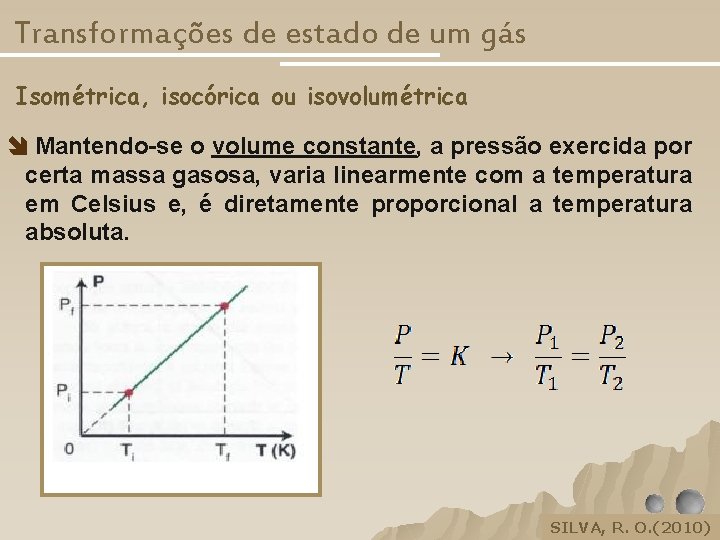 Transformações de estado de um gás Isométrica, isocórica ou isovolumétrica Mantendo-se o volume constante,