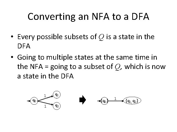 Converting an NFA to a DFA • Every possible subsets of Q is a