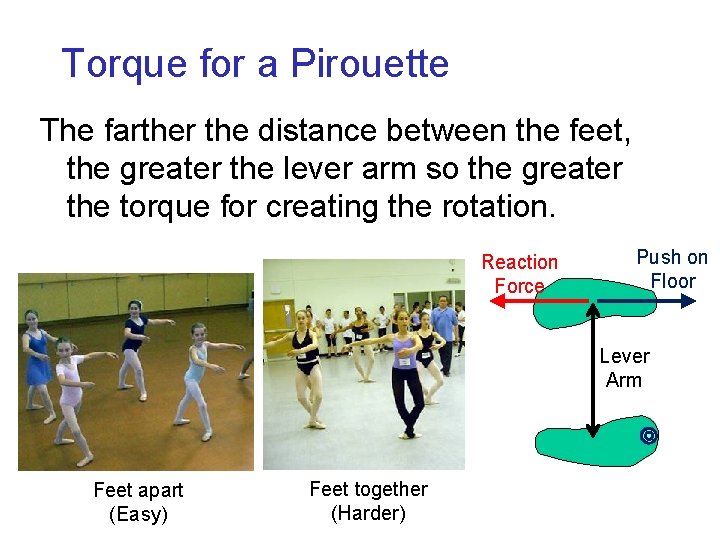 Torque for a Pirouette The farther the distance between the feet, the greater the Torque for a Pirouette The farther the distance between the feet, the greater the