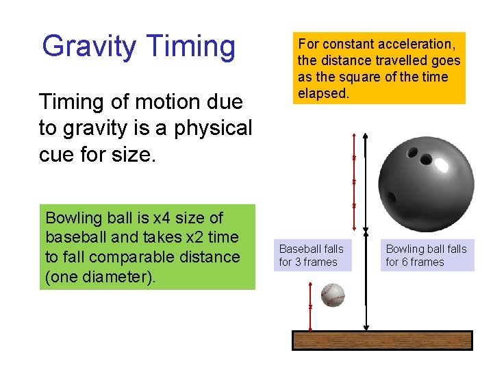 Gravity Timing of motion due to gravity is a physical cue for size. Bowling Gravity Timing of motion due to gravity is a physical cue for size. Bowling