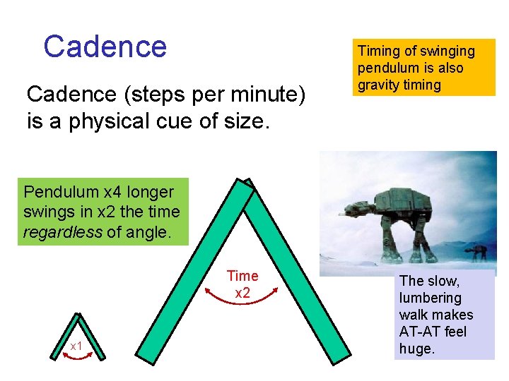Cadence (steps per minute) is a physical cue of size. Timing of swinging pendulum Cadence (steps per minute) is a physical cue of size. Timing of swinging pendulum