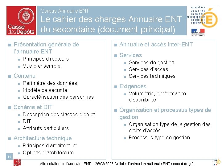 Corpus Annuaire ENT Le cahier des charges Annuaire ENT du secondaire (document principal) ■