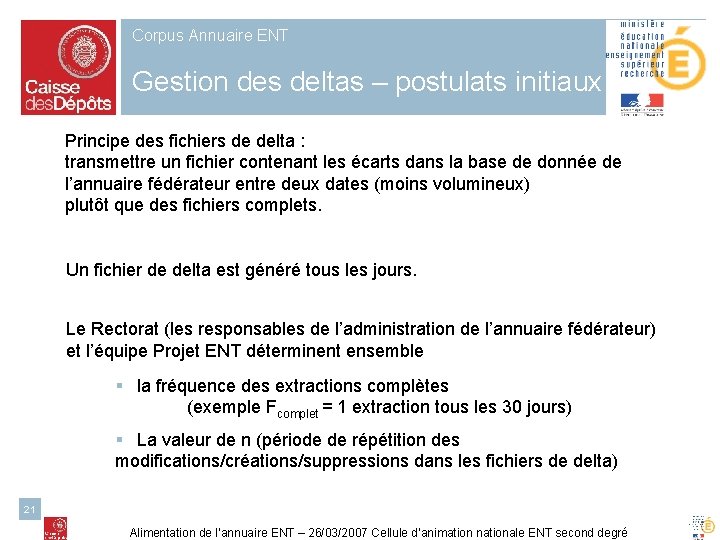 Corpus Annuaire ENT Gestion des deltas – postulats initiaux Principe des fichiers de delta