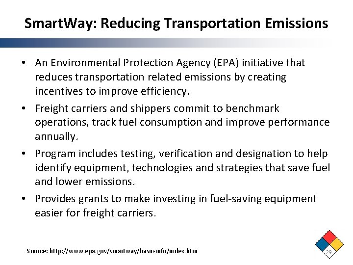 Smart. Way: Reducing Transportation Emissions • An Environmental Protection Agency (EPA) initiative that reduces