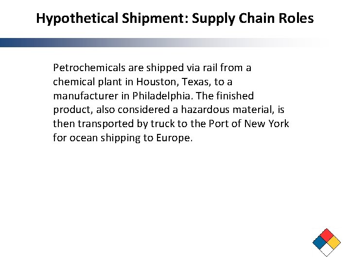 Hypothetical Shipment: Supply Chain Roles Petrochemicals are shipped via rail from a chemical plant