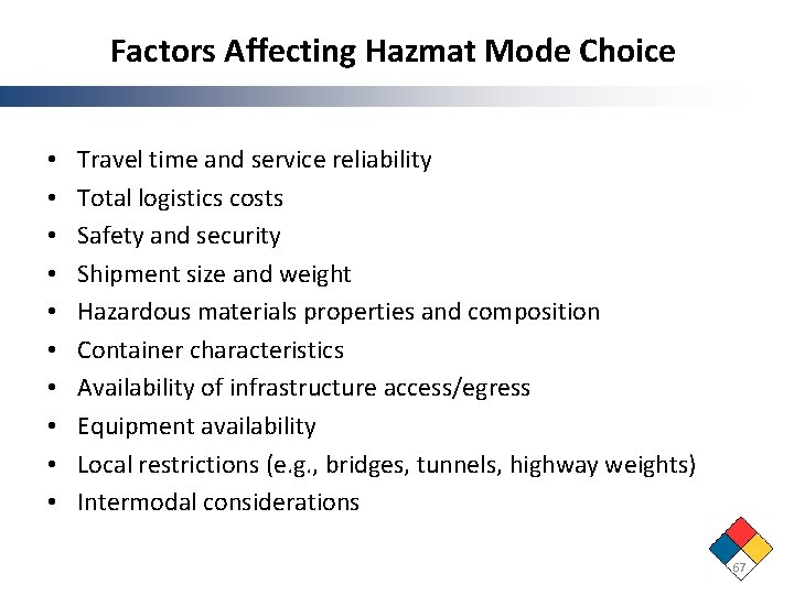 Factors Affecting Hazmat Mode Choice • • • Travel time and service reliability Total