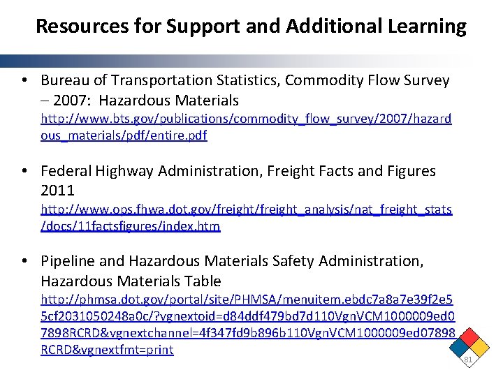 Resources for Support and Additional Learning • Bureau of Transportation Statistics, Commodity Flow Survey