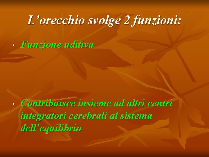 L’orecchio svolge 2 funzioni: • • Funzione uditiva Contribuisce insieme ad altri centri integratori