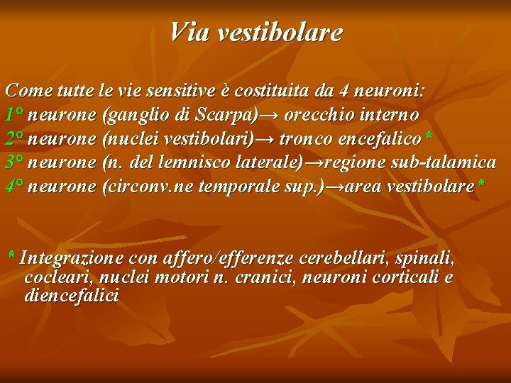Via vestibolare Come tutte le vie sensitive è costituita da 4 neuroni: 1° neurone