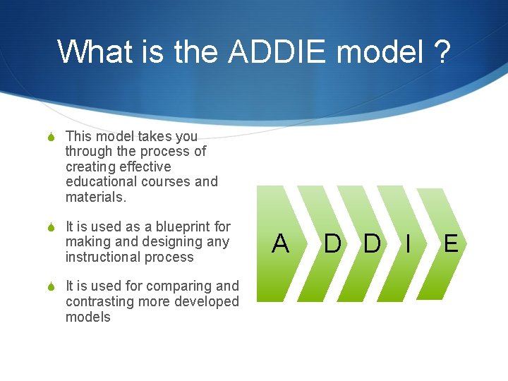 What is the ADDIE model ? S This model takes you through the process