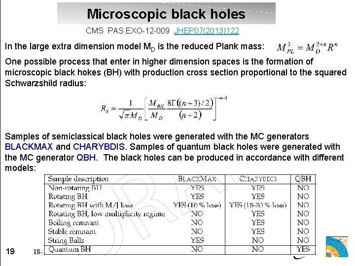 Microscopic black holes CMS PAS EXO-12 -009 JHEP 07(2013)122 In the large extra dimension