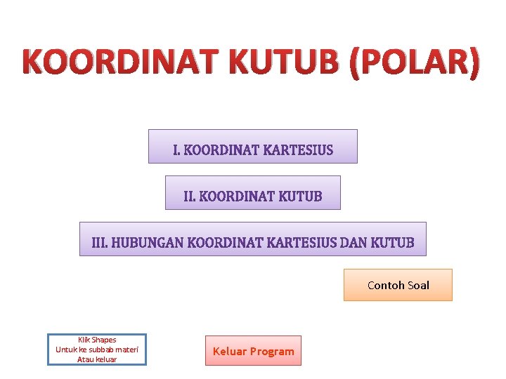 KOORDINAT KUTUB (POLAR) Contoh Soal Klik Shapes Untuk ke subbab materi Atau keluar Keluar