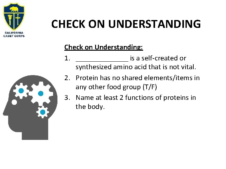 CHECK ON UNDERSTANDING Check on Understanding: 1. _______ is a self-created or synthesized amino