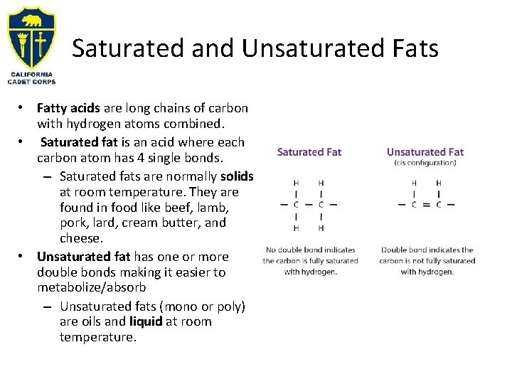 Saturated and Unsaturated Fats • Fatty acids are long chains of carbon with hydrogen