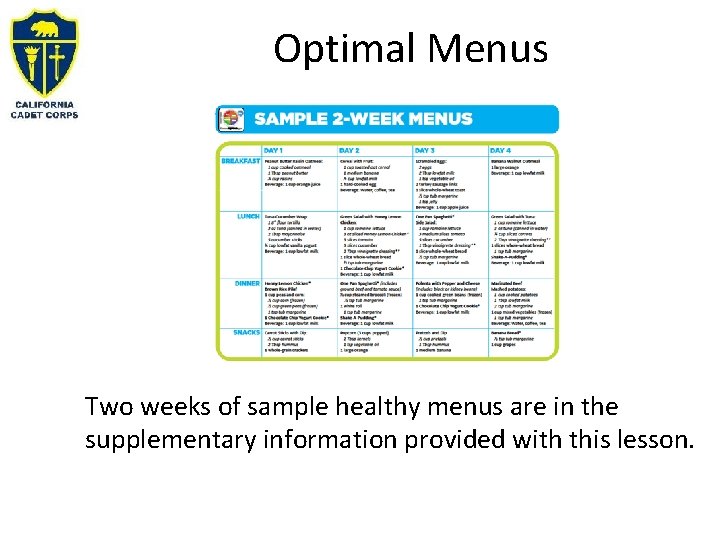 Optimal Menus Two weeks of sample healthy menus are in the supplementary information provided