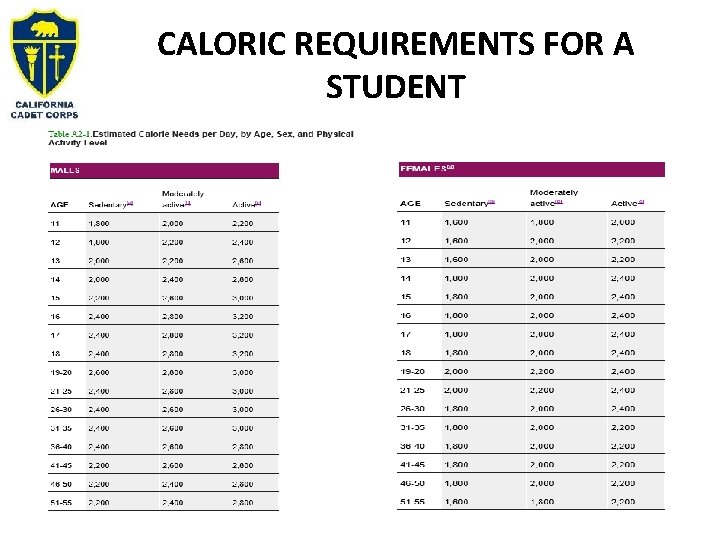 CALORIC REQUIREMENTS FOR A STUDENT 