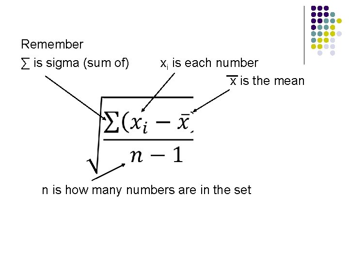 Remember ∑ is sigma (sum of) xi is each number x is the mean