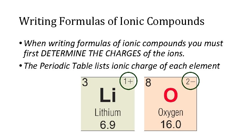 Writing Formulas of Ionic Compounds • When writing formulas of ionic compounds you must