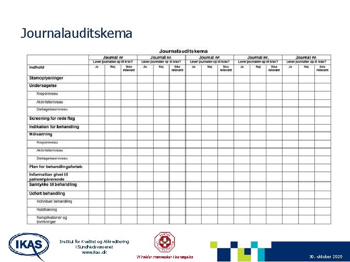 Journalauditskema Institut for Kvalitet og Akkreditering i Sundhedsvæsenet www. ikas. dk 30. oktober 2020