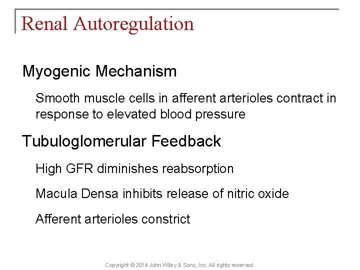 Renal Autoregulation Myogenic Mechanism Smooth muscle cells in afferent arterioles contract in response to