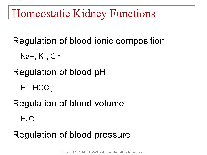 Homeostatic Kidney Functions Regulation of blood ionic composition Na+, K+, Cl– Regulation of blood