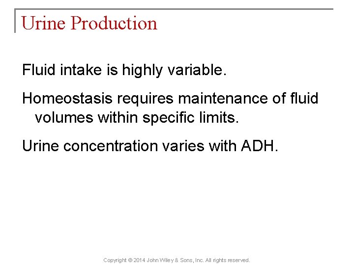 Urine Production Fluid intake is highly variable. Homeostasis requires maintenance of fluid volumes within