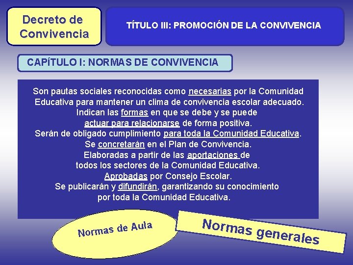 Decreto de Convivencia TÍTULO III: PROMOCIÓN DE LA CONVIVENCIA CAPÍTULO I: NORMAS DE CONVIVENCIA