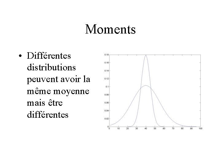 Moments • Différentes distributions peuvent avoir la même moyenne mais être différentes 