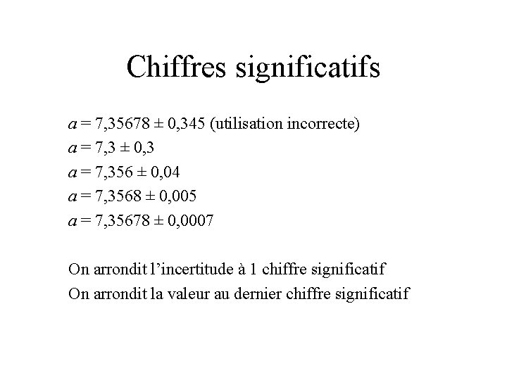Chiffres significatifs a = 7, 35678 ± 0, 345 (utilisation incorrecte) a = 7,