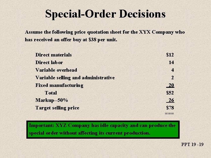 Special-Order Decisions Assume the following price quotation sheet for the XYX Company who has
