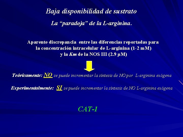 Baja disponibilidad de sustrato La “paradoja” de la L-arginina. Aparente discrepancia entre las diferencias