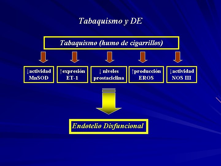 Tabaquismo y DE Tabaquismo (humo de cigarrillos) ↓actividad Mn. SOD ↑expresión ET-1 ↓ niveles