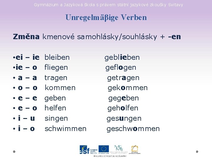 Gymnázium a Jazyková škola s právem státní jazykové zkoušky Svitavy Unregelmäβige Verben Změna kmenové