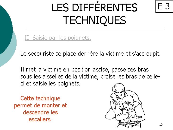 LES DIFFÉRENTES TECHNIQUES E 3 II Saisie par les poignets. Le secouriste se place
