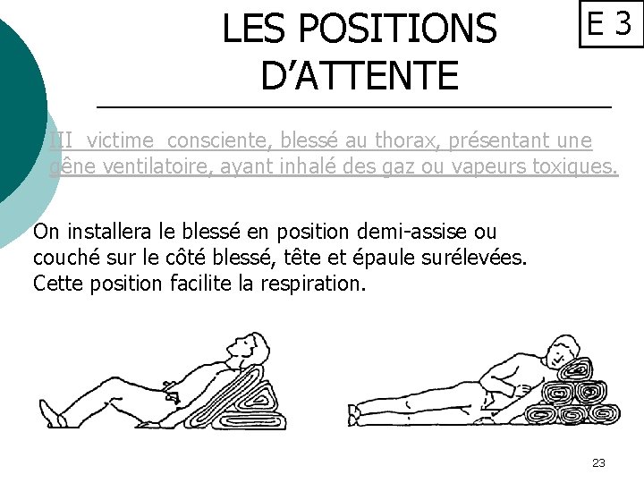 LES POSITIONS D’ATTENTE E 3 III victime consciente, blessé au thorax, présentant une gêne