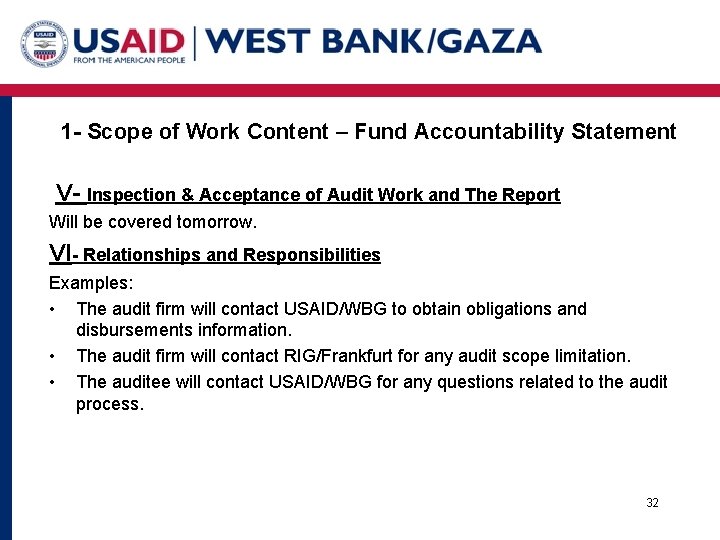 1 - Scope of Work Content – Fund Accountability Statement V- Inspection & Acceptance