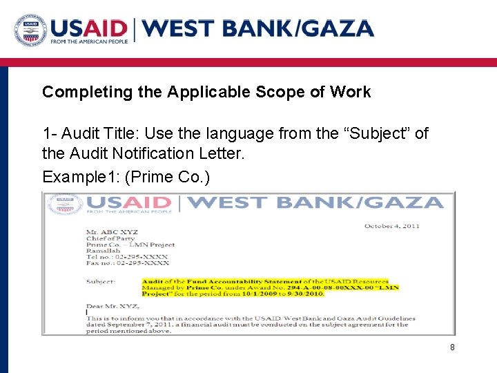 Completing the Applicable Scope of Work 1 - Audit Title: Use the language from