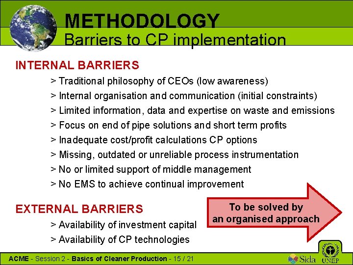 METHODOLOGY Barriers to CP implementation INTERNAL BARRIERS > Traditional philosophy of CEOs (low awareness)