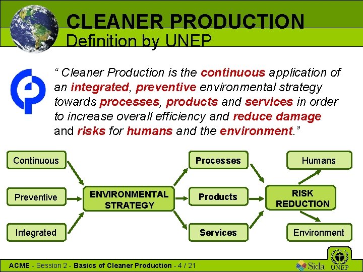 CLEANER PRODUCTION Definition by UNEP “ Cleaner Production is the continuous application of an