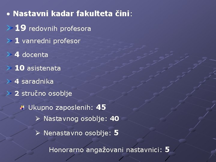  • Nastavni kadar fakulteta čini: 19 redovnih profesora 1 vanredni profesor 4 docenta