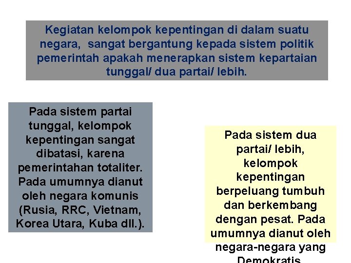 Kegiatan kelompok kepentingan di dalam suatu negara, sangat bergantung kepada sistem politik pemerintah apakah