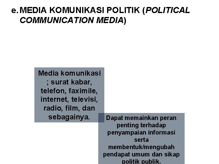 e. MEDIA KOMUNIKASI POLITIK (POLITICAL COMMUNICATION MEDIA) Media komunikasi politik, dapat berfungsi untuk menyampaikan