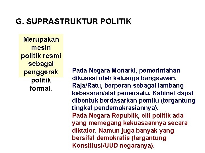 G. SUPRASTRUKTUR POLITIK Merupakan mesin politik resmi sebagai penggerak politik formal. Pada Negara Monarki,