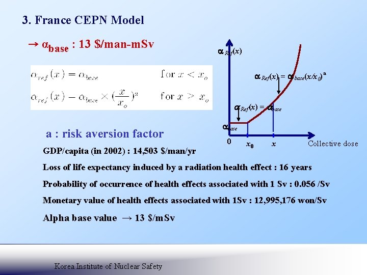 3. France CEPN Model → αbase : 13 $/man-m. Sv Ref(x) = base(x/x 0)a