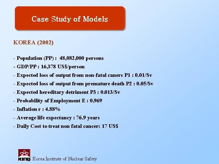 Case Study of Models KOREA (2002) - Population (PP) : 48, 082, 000 persons